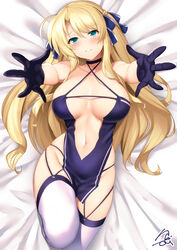  arms_up azur_lane black_gloves blonde_hair blush breasts choker commentary_request commission cosplay criss-cross_halter female garter_straps gloves green_eyes hair_ribbon halterneck highres large_breasts long_hair looking_at_viewer lying lyrical_nanoha mahou_shoujo_lyrical_nanoha_vivid navel on_back parted_lips pelvic_curtain raiou reaching reaching_towards_viewer revealing_clothes ribbon shoukaku_(azur_lane) shoukaku_(azur_lane)_(cosplay) shoukaku_(sororal_wings)_(azur_lane) sidelocks signature skeb_commission smile solo thighhighs viktoria_dahlgrun white_thighhighs 