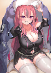  absurdres ana_(vvvvor) arms_up azur_lane bad_id bad_pixiv_id black_jacket black_shorts blush breasts bremerton_(azur_lane) bremerton_(relaxation_consultation)_(azur_lane) cleavage clothing_cutout collarbone commentary drawstring female gold_bracelet grey_hair grin hair_between_eyes hair_down highres jacket jacket_on_head jacket_over_head large_breasts long_hair looking_at_viewer mole mole_on_breast mole_under_eye multicolored_hair nail_art navel navel_cutout navel_piercing off_shoulder official_alternate_costume official_alternate_hairstyle parted_lips piercing pink_eyes pink_hair purple_tank_top shadow short_shorts shorts sidelocks single_bare_shoulder sitting skindentation smile solo streaked_hair tank_top thighhighs toeless_legwear two-tone_hair wariza white_thighhighs 