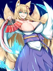  aged_up animal_ear_fluff animal_ears areola_slip bare_shoulders blonde_hair blue_fire breasts cleavage collarbone commentary_request eyeliner female fire folding_fan fox_ears fox_girl fox_tail green_eyes hair_between_eyes hair_ornament hand_fan highres holding holding_fan japanese_clothes kimono kitsune kyuubi large_breasts long_hair long_sleeves looking_at_viewer makeup mon-musu_quest! mon-musu_quest:_paradox monster_girl multiple_tails off_shoulder open_mouth raichi_(ddq0246) shaded_face smile solo spoilers standing tail tamamo_(mon-musu_quest!) tattoo wide_sleeves 