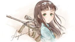  angelica_(gunslinger_girl) assault_rifle brown_hair bullpup character_name female filha green_eyes gun gunslinger_girl hair_ribbon highres long_hair ribbon rifle scope signature solo steyr_aug upper_body weapon 