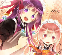  2girls :d alternate_costume arianna_caledonia bad_id bad_pixiv_id chloe_de_gervaise drooling dutch_angle enmaided food hair_ornament holding holding_food holding_plate maid maid_headdress meat mizuchaya_youkan multiple_girls no_eyewear open_mouth pink_eyes pink_hair plate purple_eyes purple_hair sekaiju_no_meikyuu shin_sekaiju_no_meikyuu_2 smile upper_body 