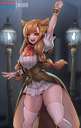  accessory amber_eyes animal_humanoid avian avian_humanoid bird bird_humanoid blush braided_hair brown_clothing brown_hair clothed clothing digital_media_(artwork) female hair hair_accessory humanoid legwear light_body light_skin mammal niur owl_humanoid red_bow solo thigh_highs vtuber white_clothing white_legwear white_thigh_highs yuni_luna 