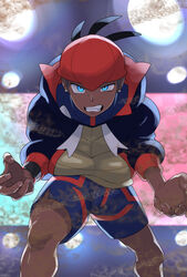  1boy black_hair black_hoodie blue_eyes blue_shorts clenched_teeth collared_shirt dark-skinned_male dark_skin dynamax_band earrings fingernails highres hood hood_down hoodie hunched_over jewelry legs_apart light male_focus mira_(miramita8727) orange_headwear pokemon pokemon_swsh raihan_(pokemon) sand shirt shorts side_slit side_slit_shorts solo teeth 