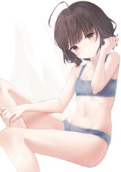  absurdres ahoge blunt_bangs blush bra brown_eyes brown_hair female flat_chest grey_bra grey_panties highres kanae_(inorin05kanae) kantai_collection kishinami_(kancolle) panties short_hair simple_background sitting solo training_bra underwear white_background 