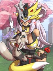  3_eyes accessory animal_humanoid anthro armor asian_mythology bandai_namco between_breasts big_breasts blush blush_lines bodily_fluids breast_squish breasts building canid canid_humanoid canine canine_humanoid cherry_blossom cherry_blossom_tree cherry_tree clothing cloud digimon digimon_(species) duo east_asian_mythology female flower fox fox_humanoid fruit_tree gem genji giving_up_the_ghost hair hair_accessory hairband hanakumon hanakumon_x headgear heart_reaction hearts_around_head helmet hi_res holding_object holidays hug humanoid japanese_mythology larger_female leggings legwear lipstick long_hair looking_up makeup male male/female mammal mammal_humanoid mask multi_eye mythology outside petals plant prunus_(flower) renamon renimpmon renimpmon_x rose_(flower) sakuyamon size_difference sky sleeves smaller_male squeezing squish tail_wrapped tears thegantian tree valentine&#039;s_day x_eyes yin_yang yokai 