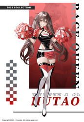  absurdres alternate_costume black_leotard boots brown_hair character_name chungla commentary copyright_notice covered_navel female genshin_impact grin highres holding holding_pom_poms hu_tao_(genshin_impact) leotard long_hair looking_at_viewer miniskirt pom_pom_(cheerleading) race_queen red_eyes red_thighhighs shiny_clothes shrug_(clothing) skindentation skirt smile solo standing standing_on_one_leg thigh_boots thighhighs twintails two-tone_footwear two-tone_skirt very_long_hair 