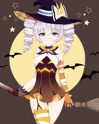  absurdres asymmetrical_gloves asymmetrical_legwear bantian_yindang bare_shoulders bat_(animal) bronya_zaychik bronya_zaychik_(snowy_sniper) broom broom_riding brown_background brown_gloves closed_mouth drill_hair elbow_gloves female full_moon gloves grey_eyes grey_hair hair_between_eyes halloween halloween_costume hat highres holding homu_(honkai_impact) honkai_(series) honkai_impact_3rd looking_at_viewer mismatched_gloves moon simple_background solo twin_drills uneven_gloves uneven_legwear witch_hat yellow_gloves yellow_legwear 