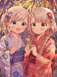  2girls :d :o asa_no_ha_(pattern) blue_eyes blush braid earrings egasumi fireworks floral_print flower grey_hair hair_flower hair_ornament highres hisakawa_hayate hisakawa_nagi idolmaster idolmaster_cinderella_girls japanese_clothes jewelry kimono long_hair morning_glory_print multiple_girls open_mouth outdoors ponytail siblings sisters smile standing twin_braids twins upper_body white_hair yata_(yatao_zzz) yellow_eyes 