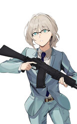  an-94 an-94_(antje)_(girls&#039;_frontline) an-94_(girls&#039;_frontline) aqua_eyes aqua_pants assault_rifle belt blazer blonde_hair blue_necktie business_suit chinese_commentary commentary_request female formal girls&#039;_frontline glasses gun headphones highres holding holding_weapon jacket la13 long_hair looking_away necktie official_alternate_costume pants rifle running shirt solo suit weapon white_background white_shirt 