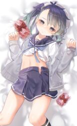  absurdres aqua_neckerchief bed_sheet black_socks blue_hair blue_sailor_collar blue_skirt blush cardigan closed_mouth female fukae_(kancolle) gift gradient_hair grey_eyes hat highres kanae_(inorin05kanae) kantai_collection kneehighs long_sleeves lying midriff multicolored_hair navel neckerchief on_back one_side_up sailor_collar school_uniform serafuku short_hair skirt socks solo white_hat 