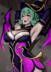  absurdres armpits bewitching_elise black_dress black_hat black_sleeves blush breasts brown_background bug detached_sleeves dress elise_(league_of_legends) female green_hair halloween hat highres large_breasts league_of_legends pink_dress pink_wings short_hair signature smile solo spider sweat two-tone_dress two-tone_headwear two-tone_wings upper_body wei_miao wings witch_hat 