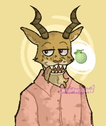  2020 antelope anthro beastars bovid brown_eyes brown_horn clothing digital_drawing_(artwork) digital_media_(artwork) felid fur gazelle half-closed_eyes horn hybrid leopard male mammal melon_(beastars) narrowed_eyes pantherine red_clothing red_topwear signature simple_background solo tan_body tan_fur tongue tongue_out topwear wondershove yellow_background yellow_body yellow_fur 