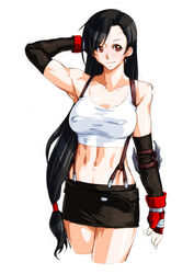  black_hair black_skirt breasts brown_eyes closed_mouth covered_nipples crop_top earrings elbow_gloves female final_fantasy final_fantasy_vii fingerless_gloves gloves jewelry long_hair looking_at_viewer low-tied_long_hair midriff miniskirt navel qkat_(arikawa-dou) simple_background skirt smile solo suspender_skirt suspenders tank_top tifa_lockhart white_background 