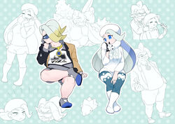  1boy absurdres black-framed_eyewear blue-tinted_eyewear blue_eyes boots brown_jacket coalossal collared_shirt commentary_request crossed_legs female gloves gordie_(pokemon) hat highres jacket jewelry knees lapras long_hair looking_at_another melony_(pokemon) mira_(miramita8727) mother_and_son multicolored_hair multiple_views necklace pantyhose pantyhose_under_shorts partially_colored pokemon pokemon_(creature) pokemon_swsh ring scarf shirt shoes shorts single_glove snom streaked_hair sunglasses sweater tinted_eyewear two-tone_hair white_footwear white_headwear white_scarf white_sweater 