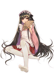  adapted_costume alternate_costume apron black_hair black_ribbon brown_eyes commentary feet female flan_(seeyouflan) folding_fan frilled_apron frills hair_ribbon hand_fan hand_up highres holding holding_fan houraisan_kaguya japanese_clothes kimono legs long_hair long_sleeves looking_at_viewer maid maid_apron maid_headdress miniskirt no_shoes pantyhose parted_lips photoshop_(medium) pink_kimono red_skirt ribbon simple_background sitting skirt soles solo toes touhou very_long_hair wa_maid white_background white_pantyhose wide_sleeves 