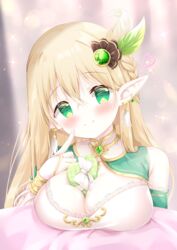  aranis_elvene bare_shoulders between_breasts blonde_hair blurry blurry_background blush box braid breasts bridal_gauntlets cleavage closed_mouth commentary_request depth_of_field elf female gift gift_box green_eyes hand_up head_tilt heart-shaped_box highres index_finger_raised large_breasts long_hair pink_nails pixela_project pointy_ears renew_vivi smile solo upper_body valentine virtual_youtuber 