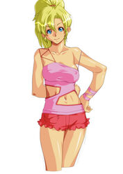  bare_arms bare_shoulders blonde_hair blue_eyes breasts camisole casual closed_mouth collarbone elle_vianno female gundam gundam_zz looking_at_viewer medium_breasts medium_hair pocket ponytail qkat_(arikawa-dou) red_shorts short_shorts shorts simple_background smile solo white_background 