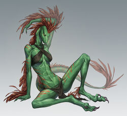  2021 abs anthro arm_feathers arm_support biped bottomwear breasts claws clothed clothing digitigrade dinosaur dromaeosaurid extinct feathered_dinosaur feathered_raptor feathered_scalie feathers female frank-79 green_body head_feathers loincloth looking_at_viewer navel non-mammal_breasts pose prehistoric_species pupils raised_arm red_stripes reptile scalie simple_background sitting slim slit_pupils solo striped_arms striped_legs stripes tail tail_feathers tail_tuft theropod toe_claws tribal tribal_clothing tuft uthalla 