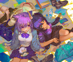  3girls :3 absurdres bag blush_stickers bottle bow bowtie braid breasts cardigan cellphone charm_(object) cleavage closed_eyes double_bun genshin_impact green_eyes hair_bun hair_ornament hairclip highres keqing_(genshin_impact) long_sleeves medium_breasts mona_(genshin_impact) multiple_girls ningguang_(genshin_impact) phone pleated_skirt purple_eyes purple_hair rui_(gsr1982) school_uniform serafuku shoes single_hair_bun skirt smartphone twintails unworn_shoes water_bottle white_hair 