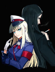  armband back-to-back black_hair blonde_hair blue_coat blue_eyes blunt_bangs cigarette coat commentary_request fate/grand_order fate_(series) female gloves hat highres holding holding_cigarette k7_(kk7_000) long_hair lord_el-melloi_ii lord_el-melloi_ii_case_files md5_mismatch military_hat photoshop_(medium) reines_el-melloi_archisorte waver_velvet white_gloves 