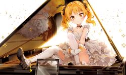  anmi blonde_hair blush bow choker cropped dress gloves hikaru_(houkago_no_pleiades) houkago_no_pleiades instrument kneehighs music piano reflection ribbons scan twintails yellow_eyes 