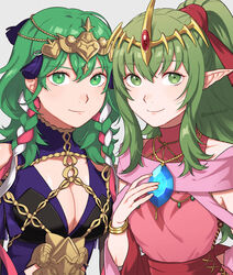  2girls bare_shoulders bracelet braid breasts byleth_(female)_(fire_emblem) byleth_(fire_emblem) cleavage cleavage_cutout closed_mouth clothing_cutout commentary cosplay dragonstone dress fire_emblem fire_emblem:_mystery_of_the_emblem fire_emblem:_three_houses fire_emblem_heroes gem green_eyes green_hair grey_background hair_between_eyes hair_ornament hair_ribbon highres jewelry long_hair looking_at_viewer medium_breasts multiple_girls official_alternate_costume peach11_01 pink_dress pointy_ears ponytail purple_dress red_ribbon ribbon sidelocks simple_background sleeveless sleeveless_dress smile sothis_(fire_emblem) sothis_(fire_emblem)_(cosplay) tiki_(adult)_(fated_divinity)_(fire_emblem) tiki_(adult)_(fire_emblem) tiki_(fire_emblem) tiki_(young)_(fire_emblem) tiki_(young)_(fire_emblem)_(cosplay) twitter_username upper_body 