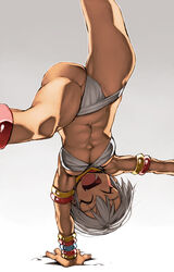  ^_^ abs ass bikini bracelet breasts closed_eyes closed_mouth dark-skinned_female dark_skin elena_(street_fighter) female handstand highres jewelry muscular muscular_female navel one_arm_handstand open_mouth short_hair smile solo stomach street_fighter swimsuit white_background white_bikini white_hair ysk! 