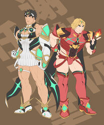  2boys alternate_costume backless_outfit bara bare_shoulders black_hair blonde_hair bulge cleavage_cutout clothing_cutout cosplay covered_abs covered_navel crossdressing dress flat_color full_body g-string headband highres impossible_clothes ken_masters large_pectorals leaning_forward looking_to_the_side male_focus micro_shorts multiple_boys muscular muscular_male mythra_(xenoblade) mythra_(xenoblade)_(cosplay) pectoral_cleavage pectorals pyra_(xenoblade) pyra_(xenoblade)_(cosplay) ryu_(street_fighter) short_hair shorts skindentation street_fighter thick_thighs thigh_strap thighs thong tiara waist_cutout white_dress xenoblade_chronicles_(series) xenoblade_chronicles_2 yuiofire 