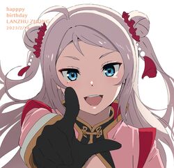  absurdres ahoge artistic_error birthday black_gloves blue_eyes character_name cleavage_cutout clothing_cutout commentary_request dated double_bun english_text engrish_text eutopia_(love_live!) female gloves hair_bun happy_birthday highres long_hair looking_at_viewer love_live! love_live!_nijigasaki_high_school_idol_club mole mole_under_eye pink_hair pointing pointing_at_viewer ranguage sidelocks smile solo typo upper_body white_background yokota_takumi zhong_lanzhu 