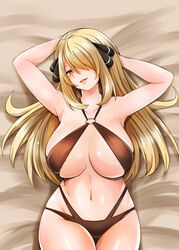  absurdres adahcm areola_slip armpits arms_behind_head bikini black_bikini blonde_hair blush breasts collarbone commentary_request curvy cynthia_(pokemon) female from_above grey_eyes hair_ornament hair_over_one_eye head_tilt highres large_breasts lips long_hair looking_at_viewer lying navel o-ring o-ring_swimsuit on_back open_mouth pokemon pokemon_dppt pov seductive_smile skindentation smile solo swimsuit thick_thighs thighs wide_hips 