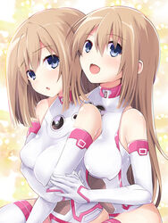  2girls :d alternate_breast_size arm_under_breasts bare_shoulders between_breasts blue_eyes blush boots breast_rest breasts brown_hair commentary_request elbow_gloves gloves hair_between_eyes happy holding_hands hug hug_from_behind iwashi_dorobou_-r- leotard long_hair looking_at_viewer medium_breasts medium_hair multiple_girls neptune_(series) open_mouth parted_lips ram_(neptunia) rom_(neptunia) siblings sisters skin_tight skindentation smile thigh_boots thighhighs twins very_long_hair white_gloves white_leotard white_sister_ram white_sister_rom 