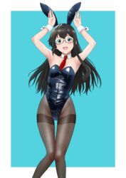  alternate_costume animal_ears black_hair black_leotard black_pantyhose breasts detached_collar fake_animal_ears female glasses green_eyes highleg highleg_leotard highres kantai_collection leotard long_hair mikan_29344886 necktie ooyodo_(kancolle) pantyhose playboy_bunny rabbit_ears red_necktie small_breasts solo strapless strapless_leotard thighband_pantyhose wrist_cuffs 