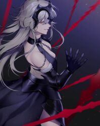  armor armored_dress back bare_back black_dress black_gloves breasts chains dress elbow_gloves eyebrows_hidden_by_hair fate/grand_order fate_(series) female from_side gloves grey_hair headpiece highres jeanne_d&#039;arc_alter_(avenger)_(fate) jeanne_d&#039;arc_alter_(avenger)_(third_ascension)_(fate) jeanne_d&#039;arc_alter_(fate) long_hair looking_at_viewer mohazzing open_mouth smile solo teeth 