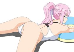  ass ass_focus blue_eyes breasts competition_swimsuit crotch female innertube kawaii_dake_ja_nai_shikimori-san long_hair looking_ahead lying medium_breasts on_stomach one-piece_swimsuit pink_hair ponytail rx53l5 shadow shikimori_(kawaii_dake_ja_nai) simple_background smile swim_ring swimsuit two-tone_swimsuit white_background 