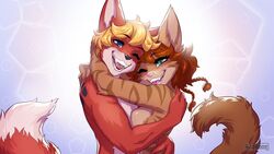  16:9 2020 ailaanne anthro blonde_hair canid canine digital_media_(artwork) domestic_cat duo eyebrows eyelashes felid feline felis female fox fur green_eyes hair hi_res hug kayla_angel male male/female mammal open_mouth red_body red_fur robin_tinderfox romantic romantic_couple smile teeth tongue widescreen 