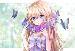  akariko bare_arms blonde_hair blue_eyes blue_flower blurry blurry_background bow breasts bug butterfly cleavage commentary_request day dress female fingernails flower hair_between_eyes hands_up head_tilt highres leaf lens_flare looking_at_viewer motion_blur original parted_lips pink_flower purple_dress purple_flower sleeveless sleeveless_dress small_breasts solo sunlight tree upper_body white_flower wreath 