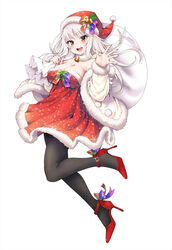  bell black_pantyhose blue_nails bow breasts christmas cleavage dress female fingernails fur-trimmed_headwear fur-trimmed_sleeves fur_choker fur_collar fur_trim green_nails hat high_heels holding holding_sack holly indie_virtual_youtuber jingle_bell kubota_masaki large_breasts long_hair multicolored_bow multicolored_bowtie nanairo_yabami neck_bell off-shoulder_dress off_shoulder open_hand open_mouth over_shoulder pantyhose pink_nails rainbow_bow red_dress red_footwear red_hat sack santa_hat simple_background snow_print snowflake_print snowflakes solo teeth tongue upper_teeth_only virtual_youtuber white_background white_hair yellow_nails 