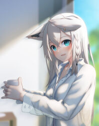  animal_ear_fluff animal_ears blurry blurry_background blush braid breasts collarbone commentary_request cup ears_down female fox_ears fox_girl green_eyes hair_between_eyes highres holding holding_cup hololive indoors long_hair looking_at_viewer open_mouth shirai_yu shirakami_fubuki shirt sidelocks single_braid small_breasts solo virtual_youtuber white_hair white_shirt 