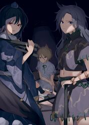  3girls :/ animal_ears bad_id bad_twitter_id blue_dress blue_eyes blue_hair blue_headwear bow breasts brown_hair closed_mouth crop_top dark_background dark_blue_hair defeat dress feet_out_of_frame flat_chest fox_ears fox_girl fox_tail green_neckwear green_ribbons hair_between_eyes hat highres himemushi_momoyo holding holding_tripod iizunamaru_megumu jewelry kozomezuki kudamaki_tsukasa light_brown_hair long_hair looking_at_viewer medium_breasts messy_hair midriff multiple_girls navel parted_bangs parted_lips puffy_sleeves raised_eyebrows red_eyes ribbon ring romper scowl simple_background sitting standing tail tokin_hat torn_clothes touhou tripod v-shaped_eyebrows white_romper yellow_bow 