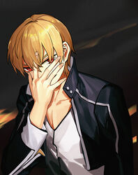  1boy black_jacket blonde_hair commentary_request covering_face fate/stay_night fate_(series) gilgamesh_(fate) gilgamesh_(immoral_biker_jacket)_(fate) hand_on_own_face highres jacket k7_(kk7_000) male_focus md5_mismatch official_alternate_costume photoshop_(medium) red_eyes shirt short_hair solo upper_body white_shirt 