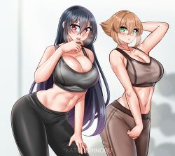  2girls absurdres alternate_costume arm_up artist_name black_hair black_sports_bra blush breasts brown_hair brown_sports_bra cleavage green_eyes hair_between_eyes hand_on_own_thigh heavy_breathing highres kantai_collection katou_shinobu large_breasts long_hair looking_at_viewer midriff multiple_girls muscular muscular_female mutsu_(kancolle) nagato_(kancolle) navel open_mouth pants red_eyes short_hair smile sports_bra sportswear yoga_pants 