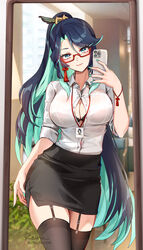  1girls busty female female_only foxy_rain_(foxyreine) foxyrain_(foxyreine) foxyreine fully_clothed garter_straps genshin_impact glasses large_breasts mature_female milf mirror_selfie selfie solo thighhighs very_long_hair xianyun_(genshin_impact) 