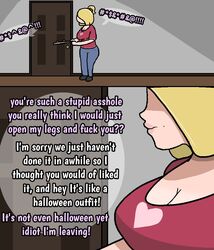  1boy 2girls bitchy blonde_hair clothing comic_page dialogue eavesdropping english_text fully_clothed hi_res insult listening milf mole mother profanity tagme text uniimom 