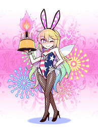  ;) american_flag american_flag_print animal_ears blonde_hair blush candle clownpiece commentary_request fairy_wings fake_animal_ears female fishnet_pantyhose fishnets flag_print food full_body gradient_hair green_hair hand_on_own_hip heart high_heels highres holding holding_food leotard long_hair multicolored_hair neck_ruff one_eye_closed pantyhose pink_eyes playboy_bunny pudding rabbit_ears smile solo standing strapless strapless_leotard touhou very_long_hair wings yassy 