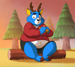  animal_crossing anthro bam_(animal_crossing) belly clothing deer dj-rodney eating embarrassed forest horn male mammal nintendo overweight overweight_anthro overweight_male plant solo tree wood 