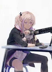  ar-15 asymmetrical_legwear bipod chair dress female fingerless_gloves girls&#039;_frontline gloves gun had_(had314) hair_ornament highres jacket long_hair magazine_(weapon) multicolored_hair on_chair one_side_up pink_hair purple_eyes rifle sitting sleeves_rolled_up solo st_ar-15_(girls&#039;_frontline) streaked_hair table thigh_strap uneven_legwear weapon white_background white_dress 