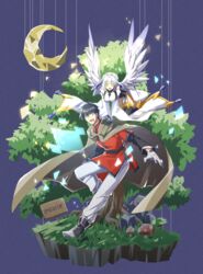  1boy alg_(mountain_of_heaven) black_gloves black_hair blue_eyes brown_cape cape crescent_moon female full_body gloves grey_background moon mushroom pants pixiv_fantasia pixiv_fantasia_mountain_of_heaven red_shirt ryuto_sorai shirt sign tofu_nora tree white_gloves white_hair white_pants wings yellow_eyes 