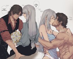  1boy beard_stubble black_hair blue_eyes blue_shirt clive_rosfield facial_hair female final_fantasy final_fantasy_xvi flower french_kiss grey_hair highres jill_warrick kissing long_hair low-tied_long_hair muscular muscular_male red_shirt scar scar_on_face shirt slackertherubycat square_enix stubble teardrop_earrings 