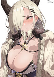  absurdres asymmetrical_bangs azur_lane black_gloves blonde_hair blush braid breasts cleavage commentary dated earrings female fishnets gloves hair_ornament hair_over_one_eye hairclip highres holding holding_own_hair horns jewelry large_breasts lips long_bangs long_hair looking_to_the_side low_twin_braids mole mole_under_mouth open_mouth owari_(azur_lane) simple_background solo sunebu_(snake_boo2) twin_braids upper_body very_long_hair white_background yellow_eyes 