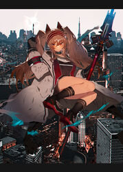  angelina_(arknights) animal_ears arknights black_gloves brown_hair city cityscape commentary_request day female flying fox_ears full_body gloves hairband holding holding_staff infection_monitor_(arknights) jacket long_hair long_sleeves looking_at_viewer open_clothes outdoors red_eyes red_hairband shirt smile solo soukou_makura staff twintails 